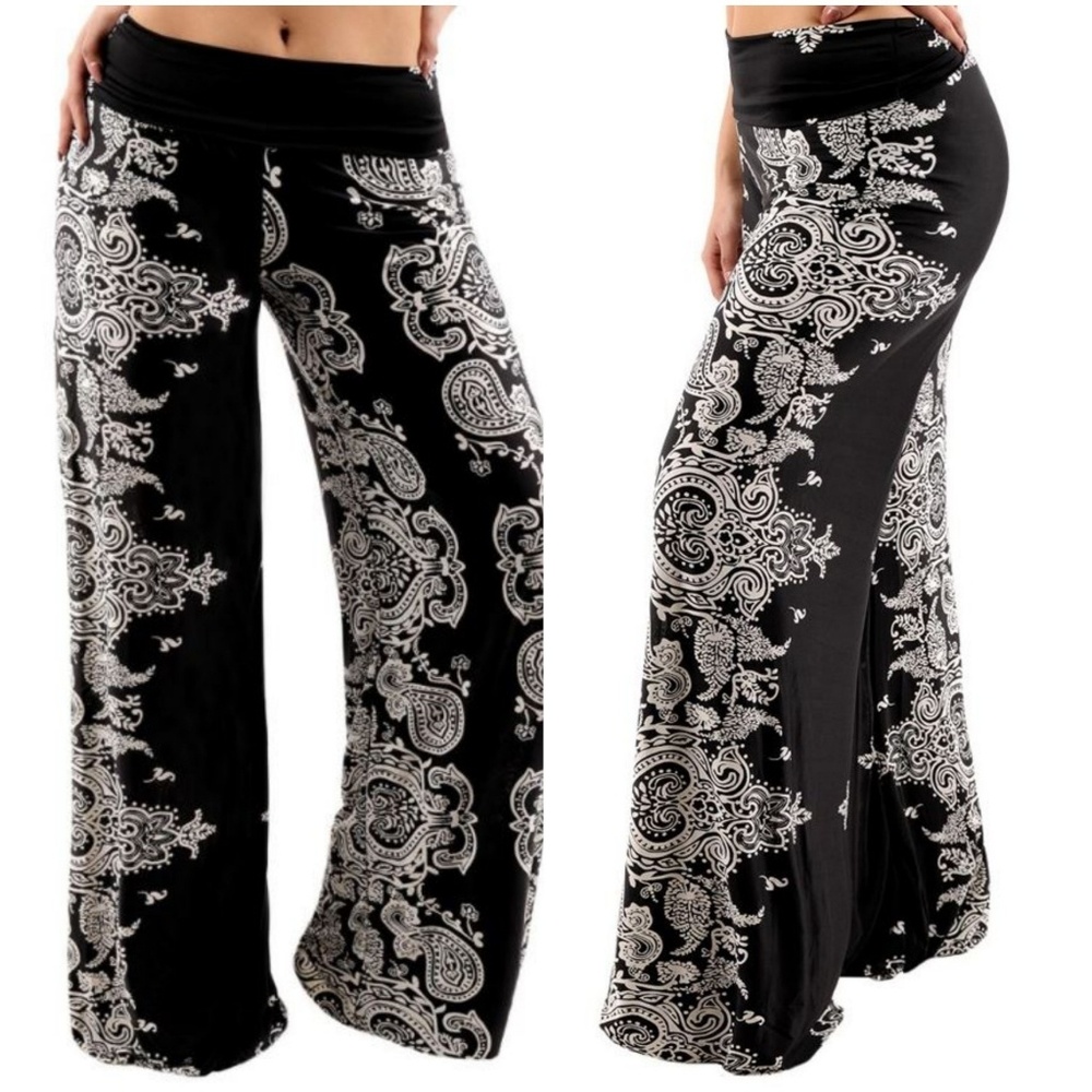 Palazzo Black & White Baroque Print Pants - Picture 1 of 2